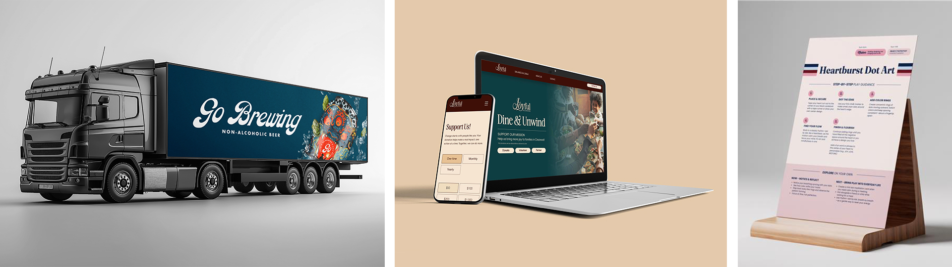 An image showing the work of co-op Audrey Meagher created during her time at Mertz Design in the LaunchPad program. Images include a mockup of a semi truck trailer with artwork for Go Brewing, a mockup of an open laptop and phone with the website created for Joyful Occasions, and signage created for an event held by Onederlust & Om.