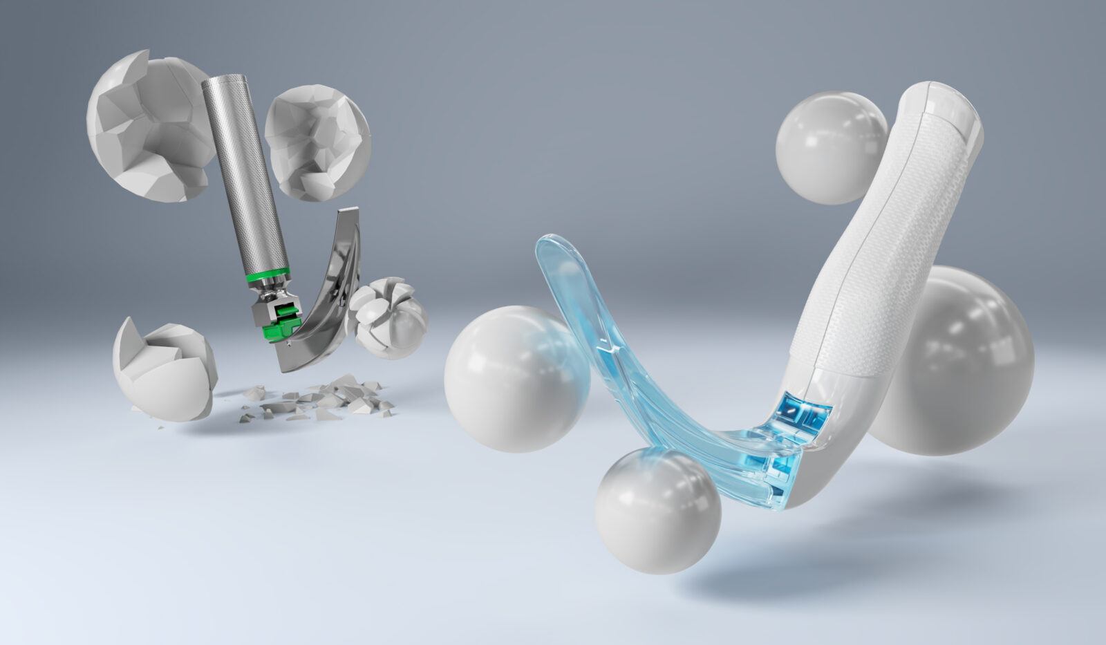A render of Laryngoscopes, with the old design on the left and the new design on the right
