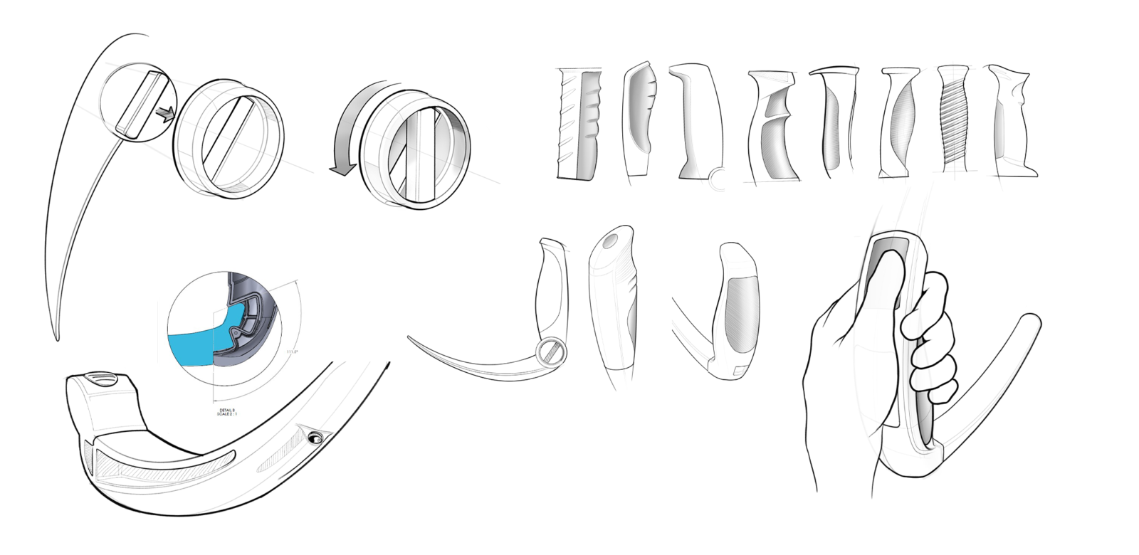 A spread of concept sketches for the Laryngoscope redesign