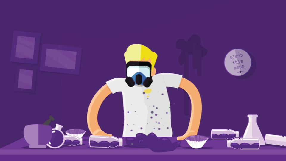 A still from the Nexafed animation: an angry cook standing in the middle of a messy meth kitchen