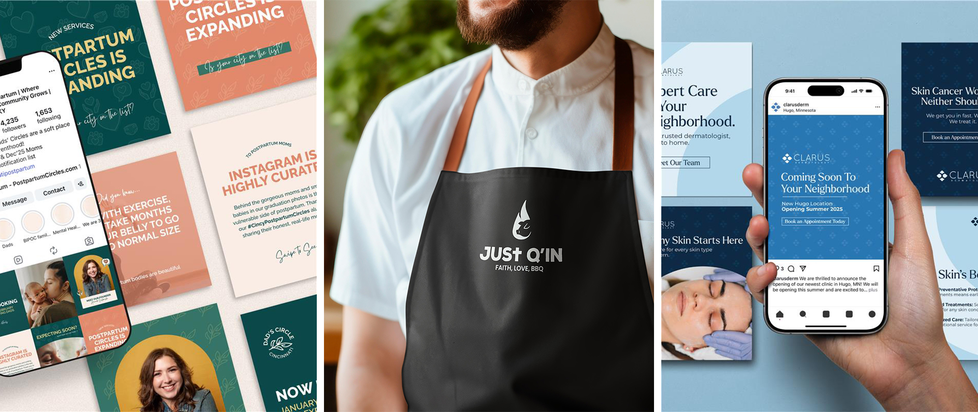 An image showing the work of co-op Olivia Harris created during her time at Mertz Design in the LaunchPad program. Images include a mockup of the social media toolkit & branding created for Cincy Postpartum, an image of a black apron with the refreshed logo created for Just Q'in BBQ, and a mocup of the social media toolkit created for Clarus Dermatology.