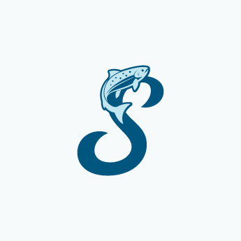 The Seafood Station monogram - showing a script letter S with a salmon swimming up the upper curve of the letterform.