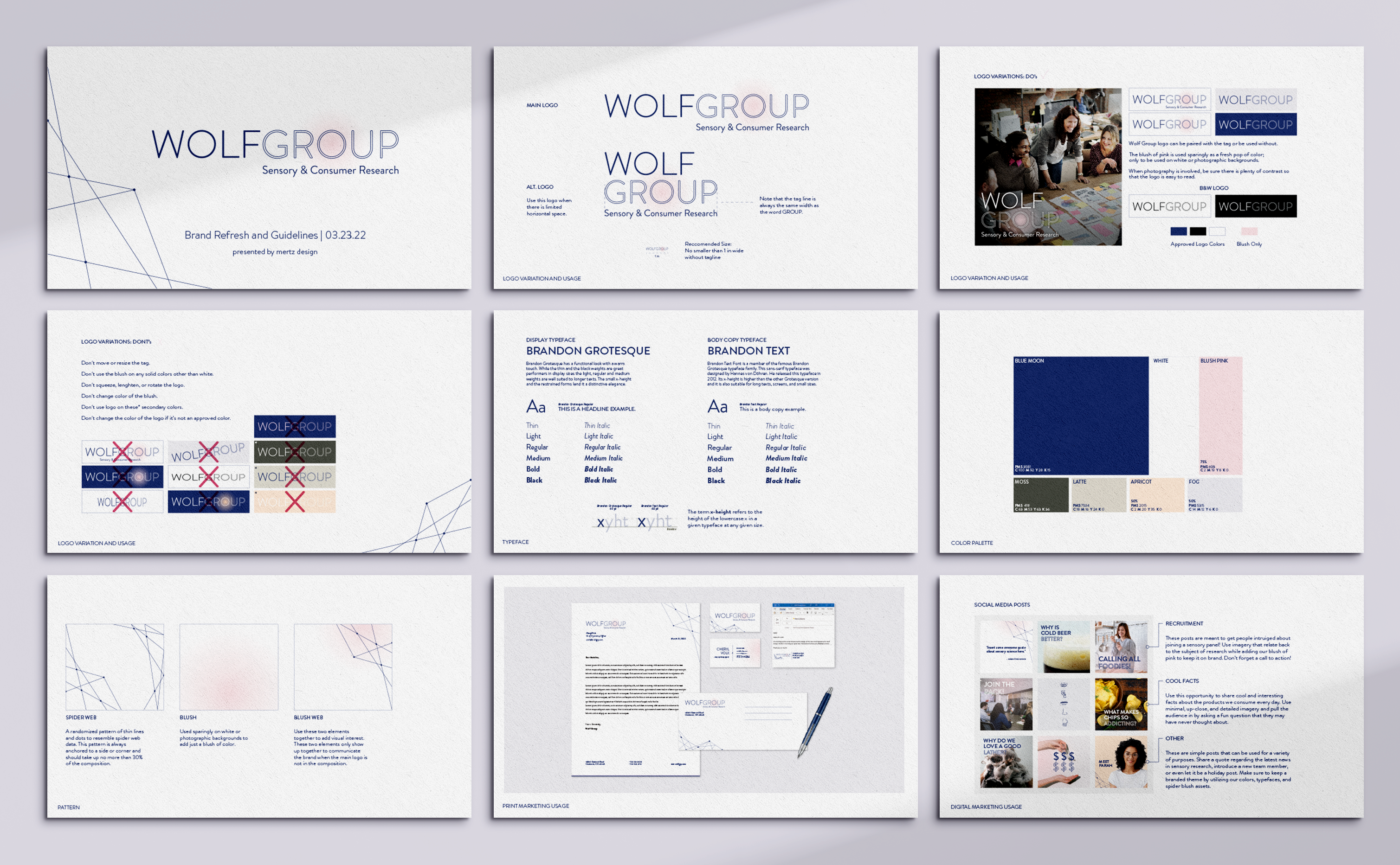 A spread of the final brand guide for Wolf Group.