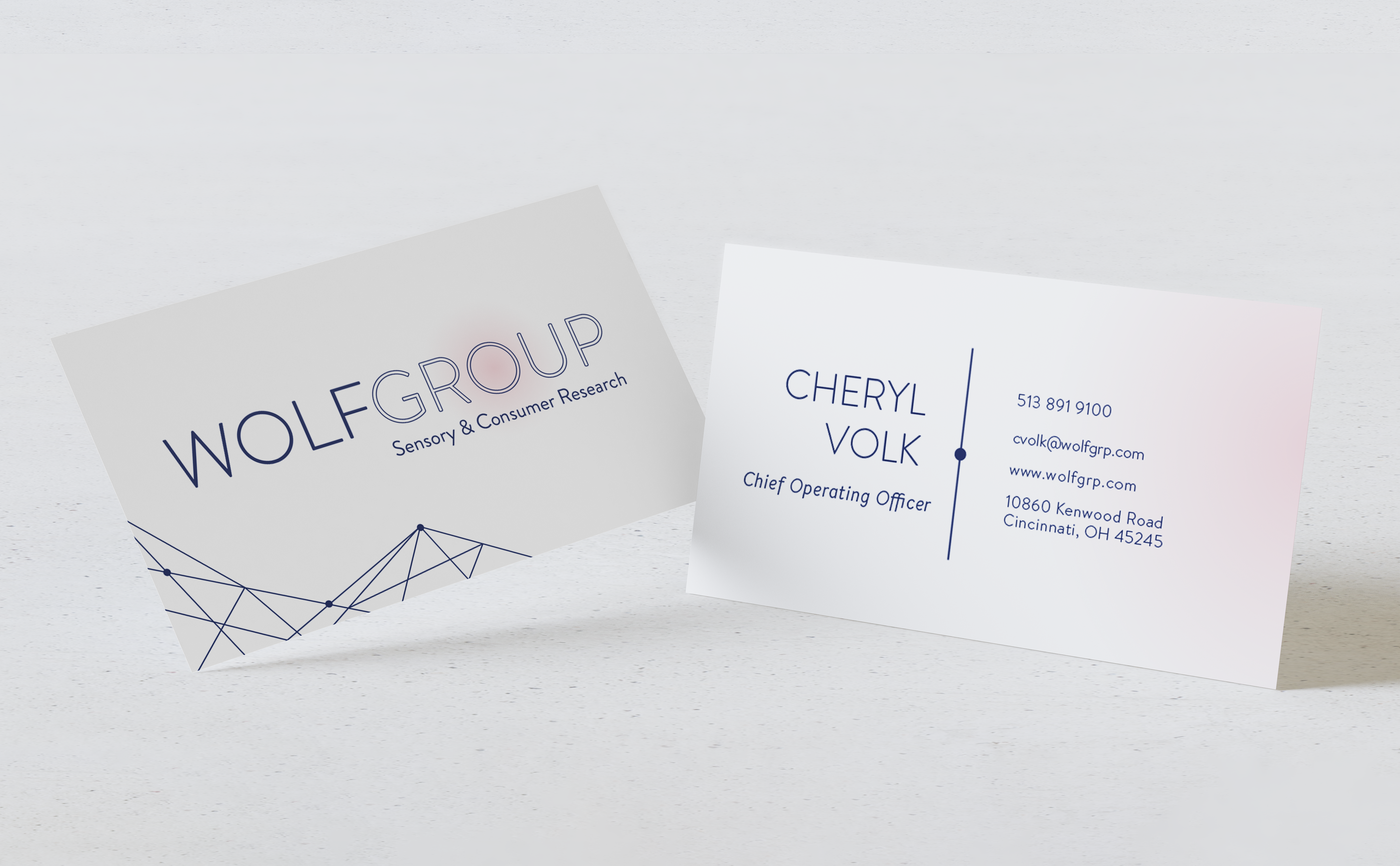 The font and back of the business card for Wolf Group.