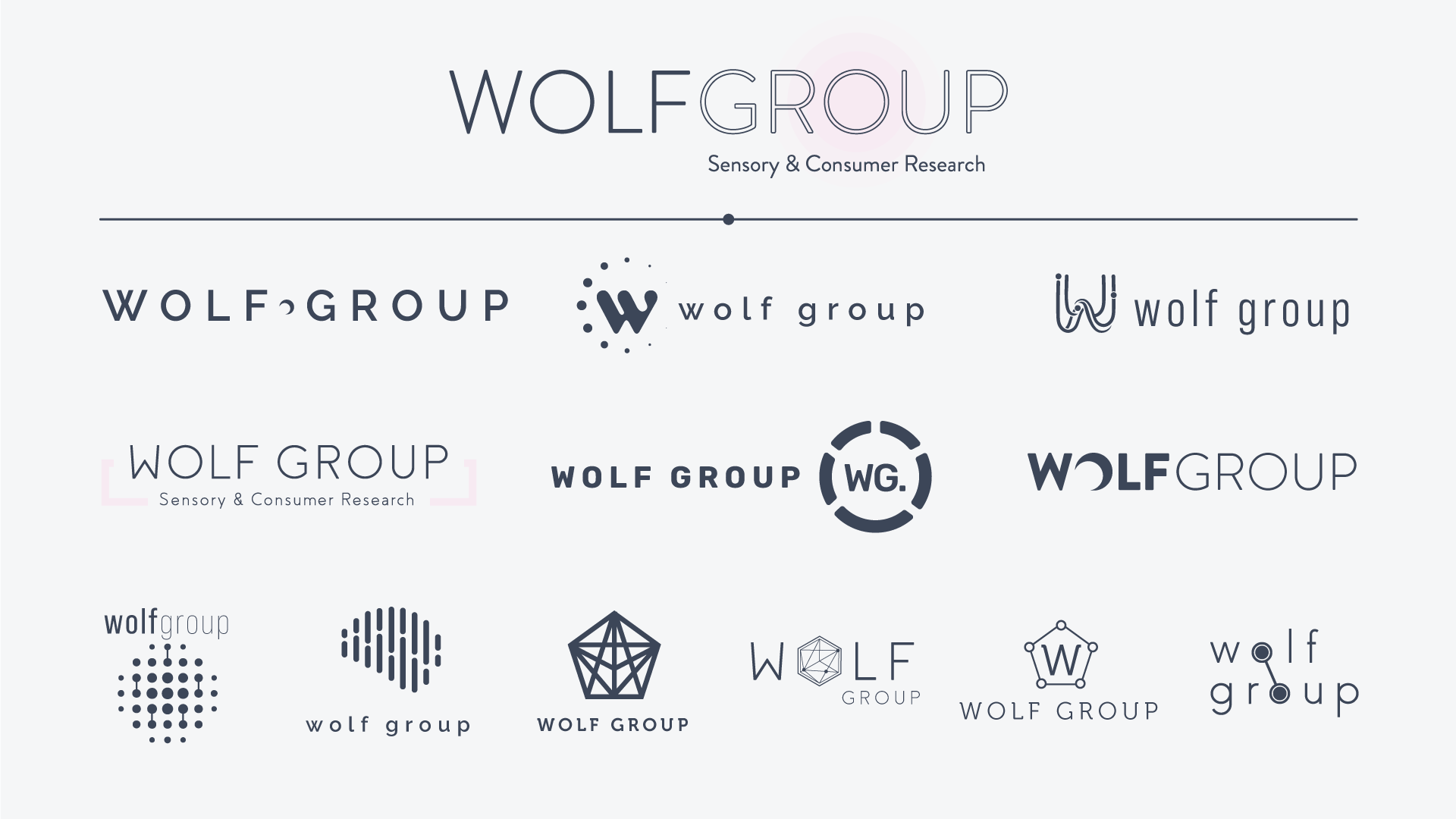 A spread showing some of the logo ideations for Wolf Group.