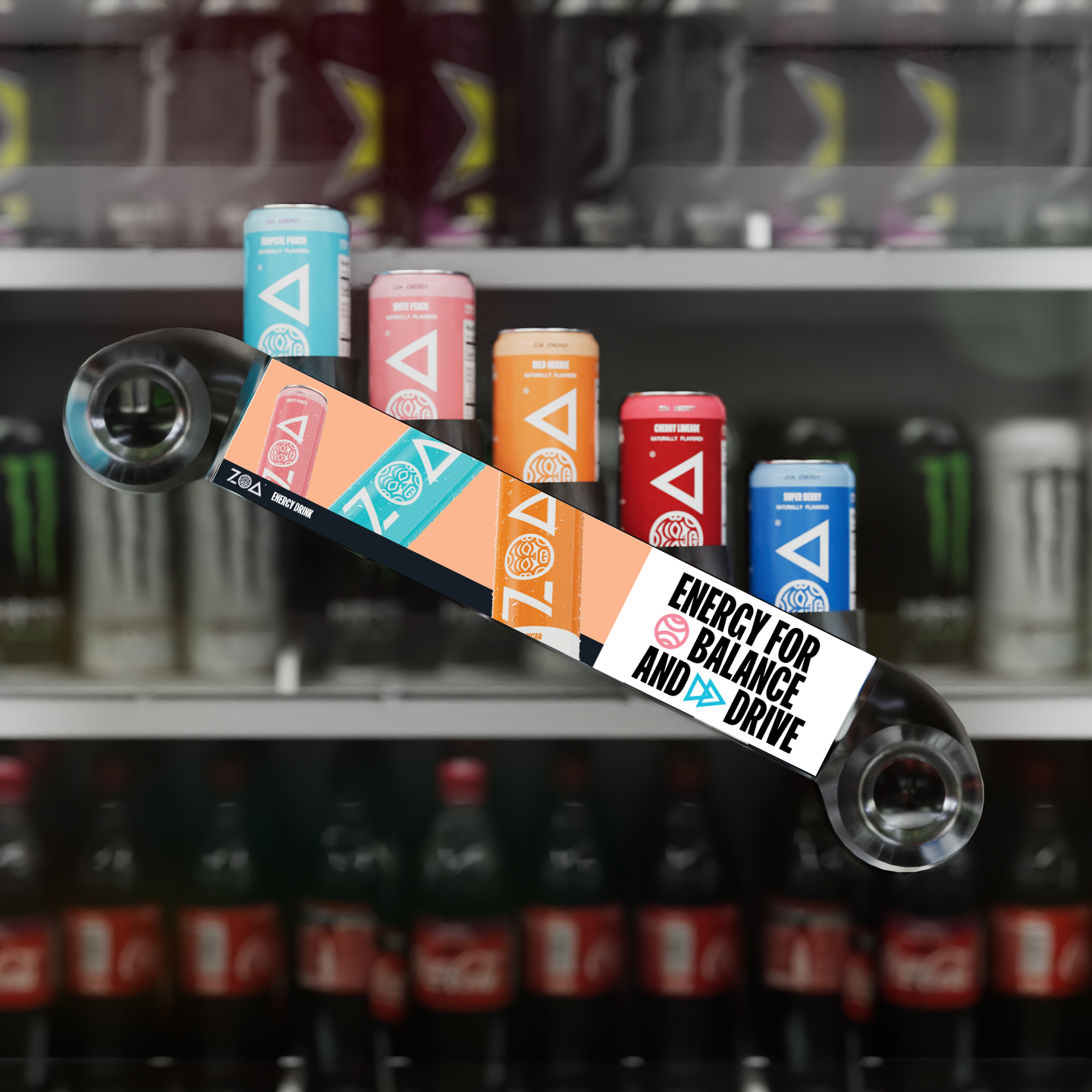A render of ZOA Energy in an Apex Rack on a convenience store cooler.