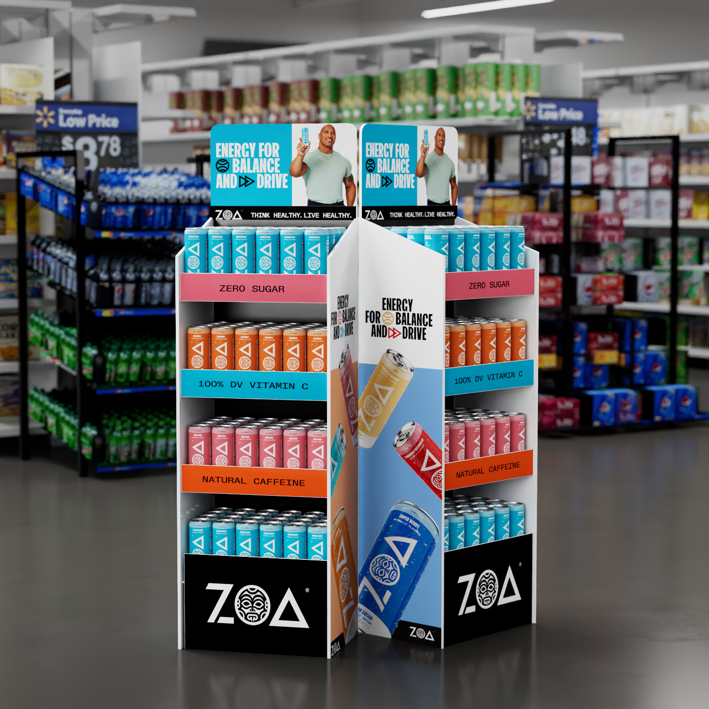 A render of two ZOA Energy case stackers on a grocery store sales floor