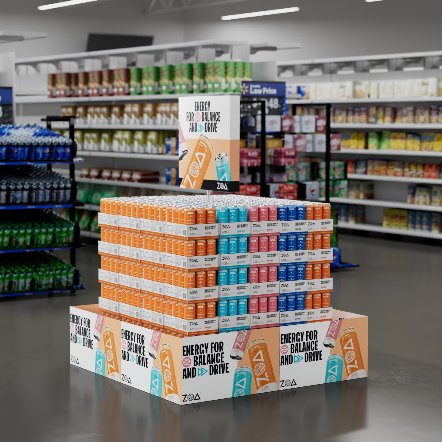 A render of a pallet of ZOA Energy on a grocery store sales floor