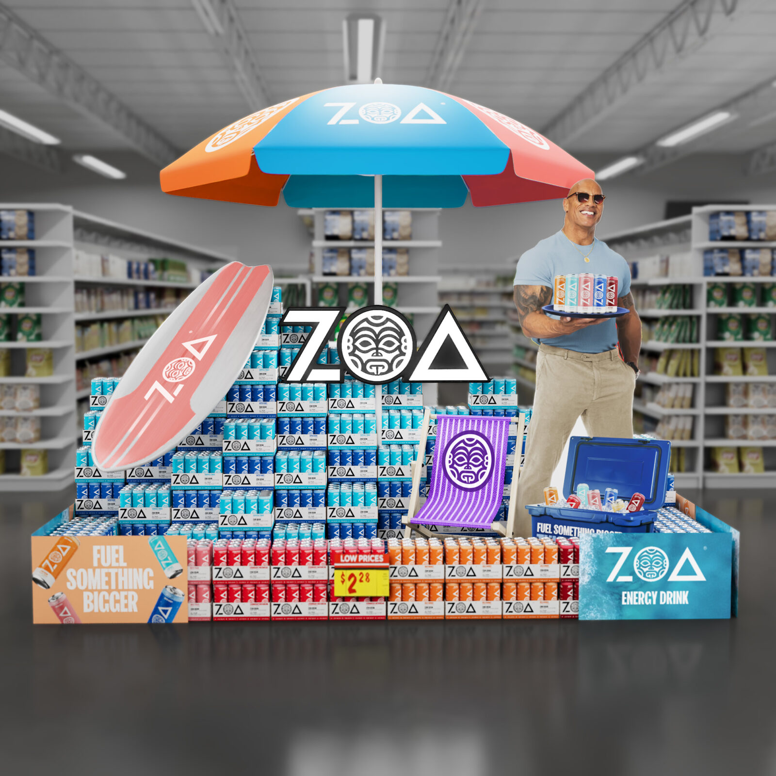 A render of an in-store display for the ZOA Energy summer campaign