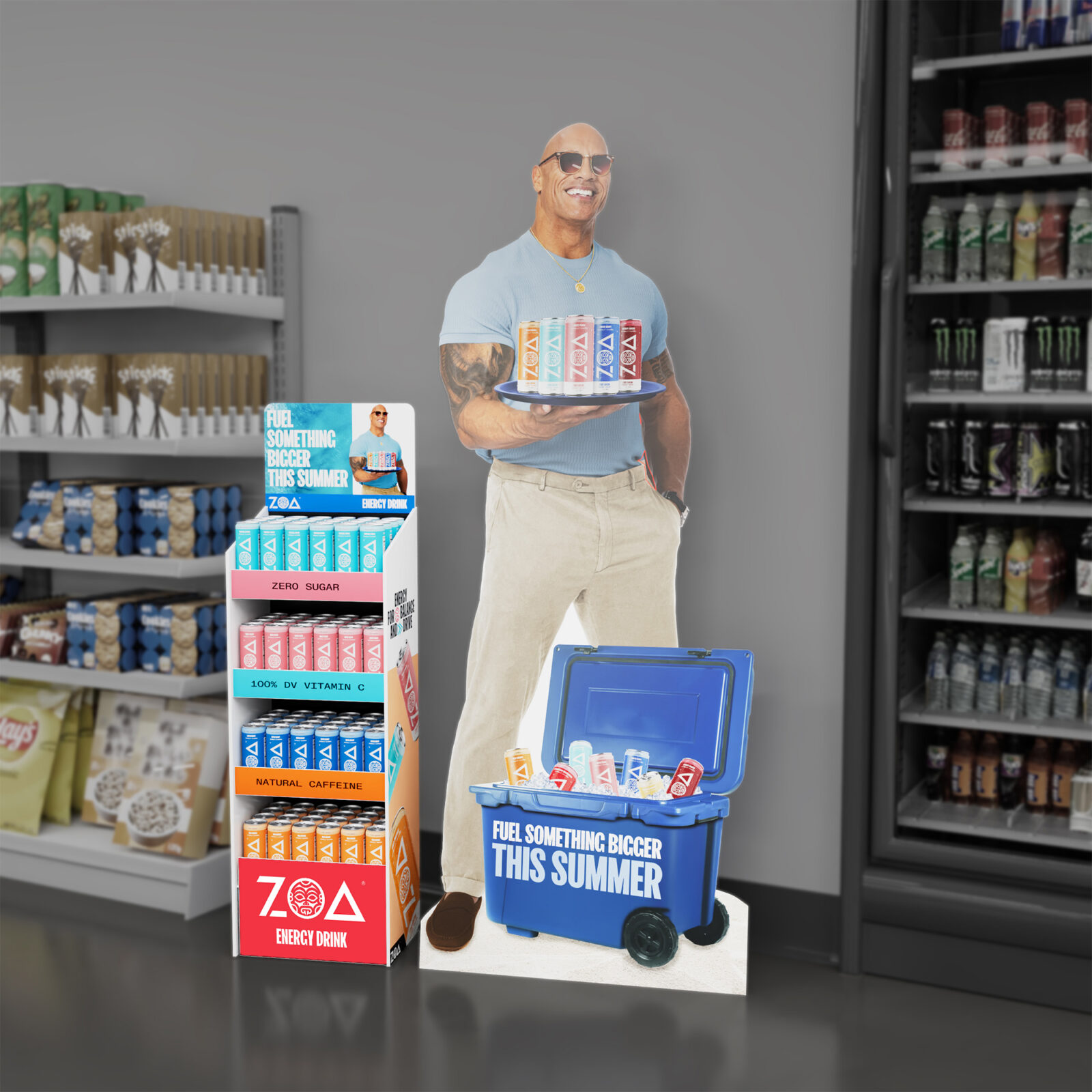 A render of an in-store display for the ZOA Energy summer campaign, with a case stacker and a standee of Dwayne "The Rock" Johnson.