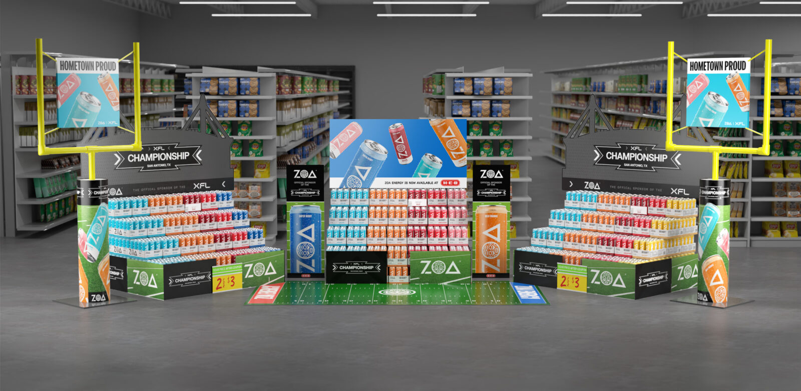 A render of an in-store display for the ZOA Energy XFL campaign