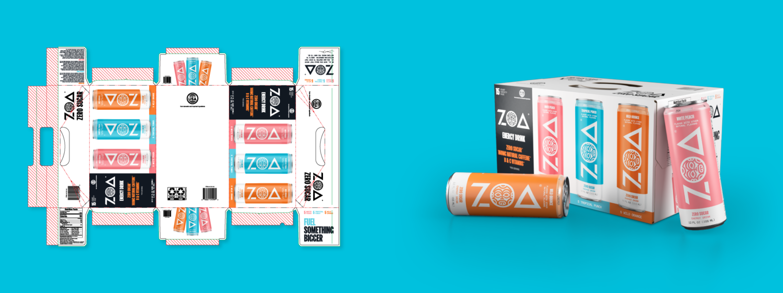 A spread showing the flat artwork of a Costco ZOA 15 count variety pack next to a render on a teal background.