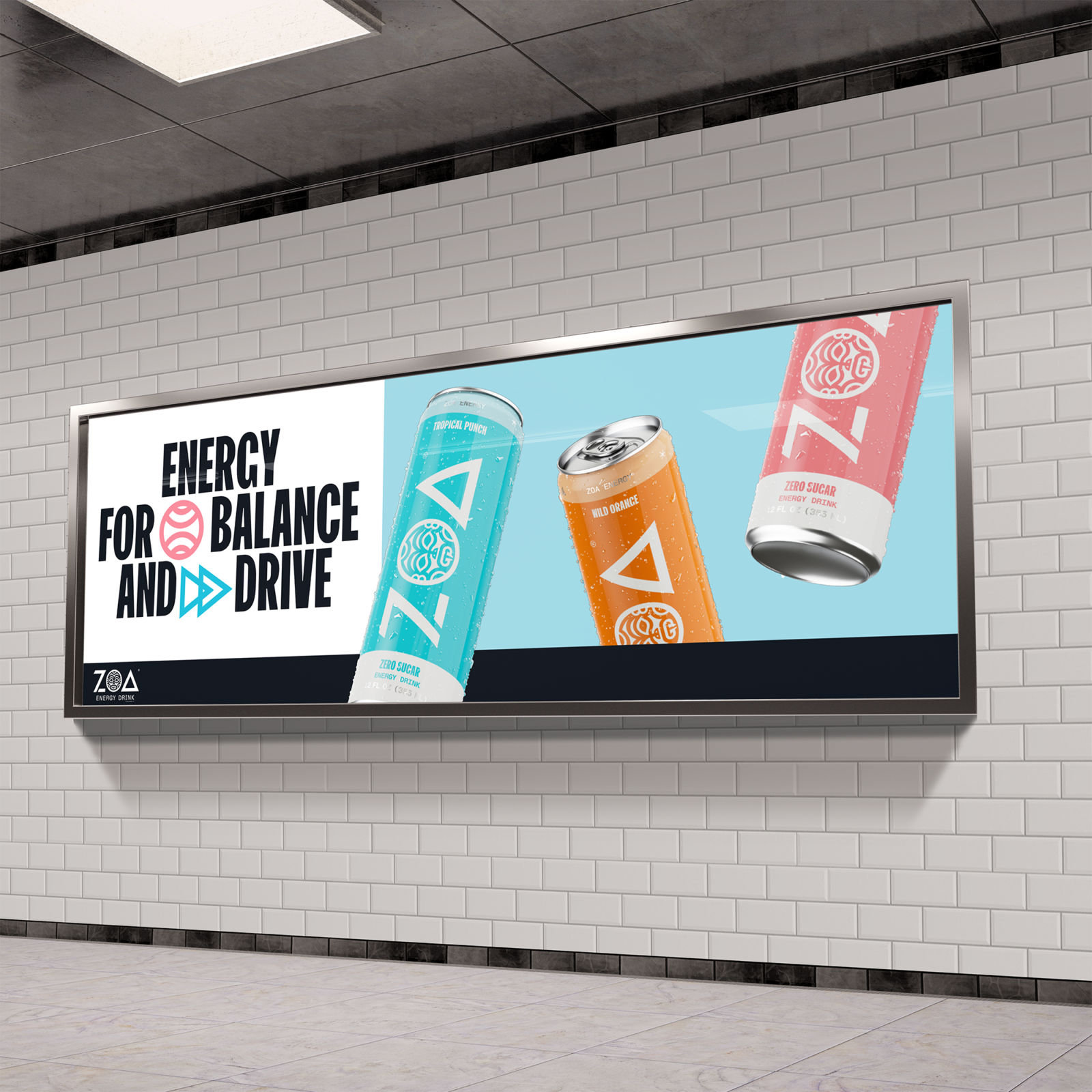 A horizontal digital billboard on a white brick wall featuring ZOA Energy