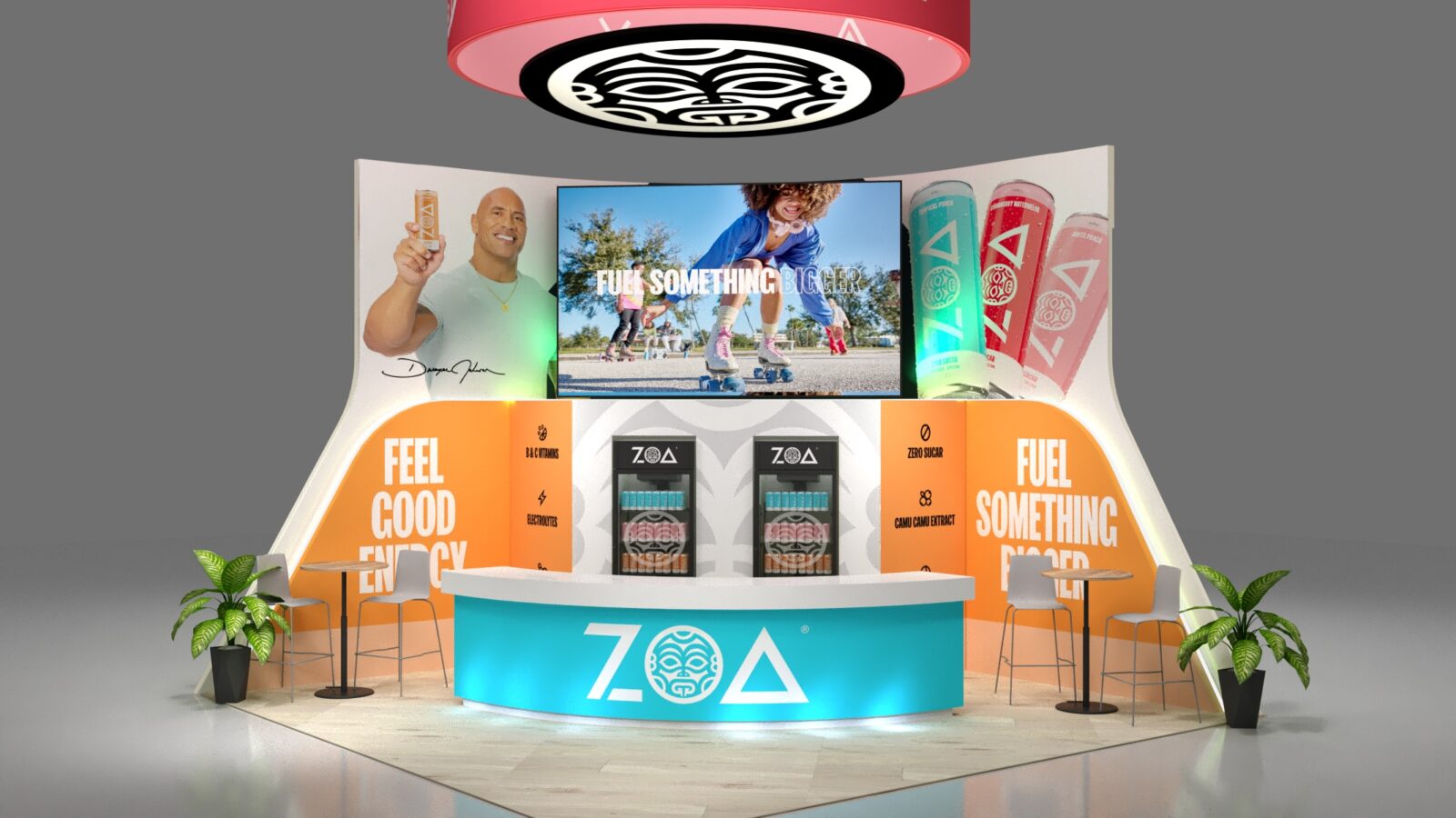 A render of the ZOA Energy tradeshow booth from the 2023 NACS Convention